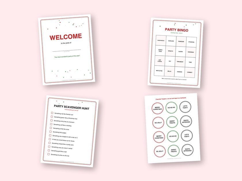 Four sample pages from the Christmas Party kit