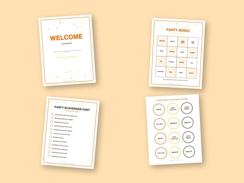 Four sample pages from the Construction Party kit