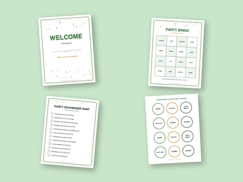 Four sample pages from the Dinosaur Party kit
