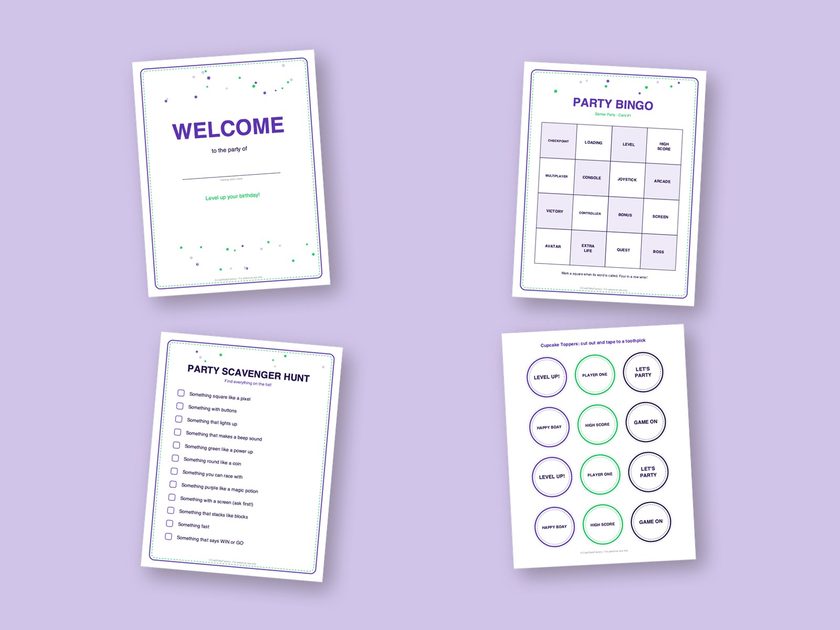 Four sample pages from the Gamer Party kit