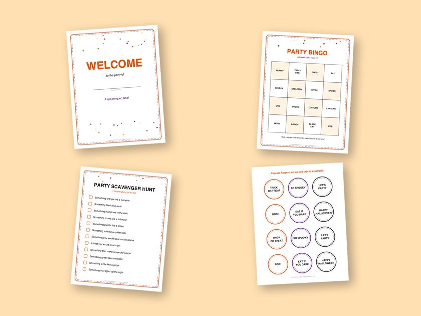Four sample pages from the Halloween Party kit