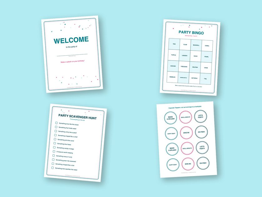 Four sample pages from the Mermaid Party kit