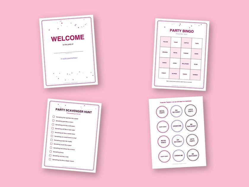 Four sample pages from the Princess Party kit