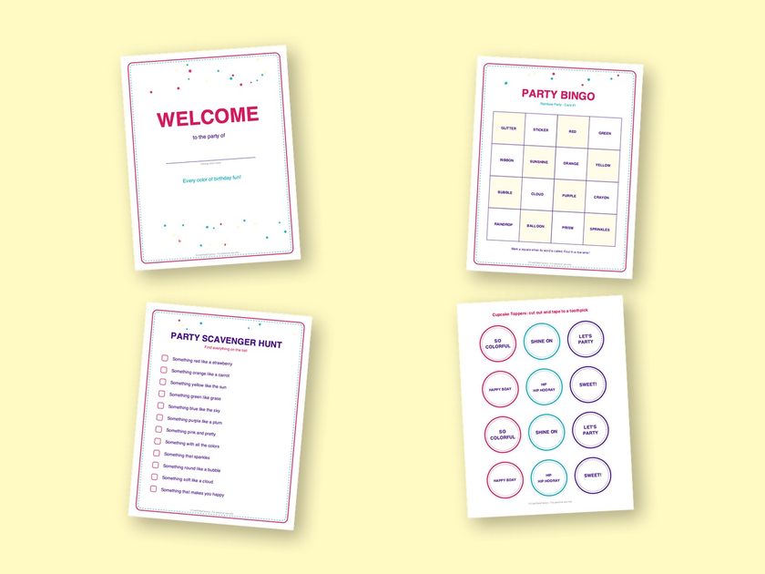 Four sample pages from the Rainbow Party kit