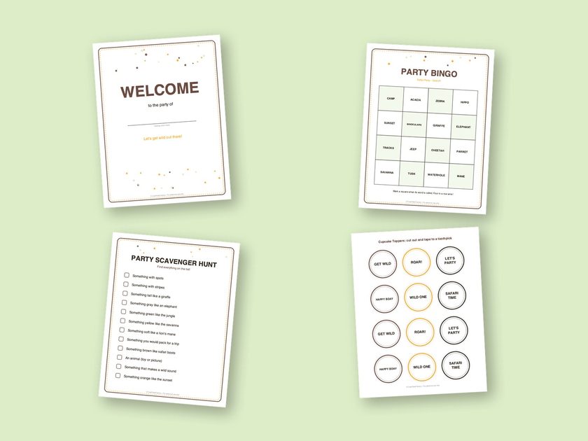 Four sample pages from the Safari Party kit