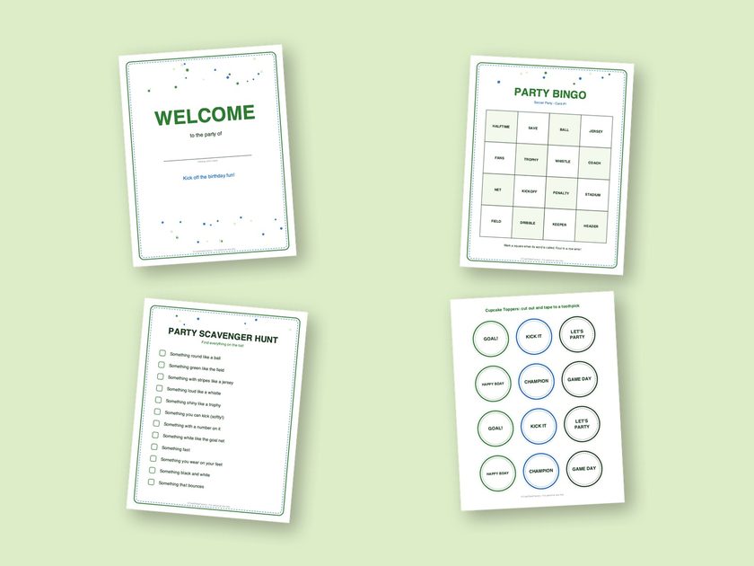 Four sample pages from the Soccer Party kit