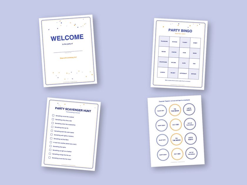 Four sample pages from the Space Party kit