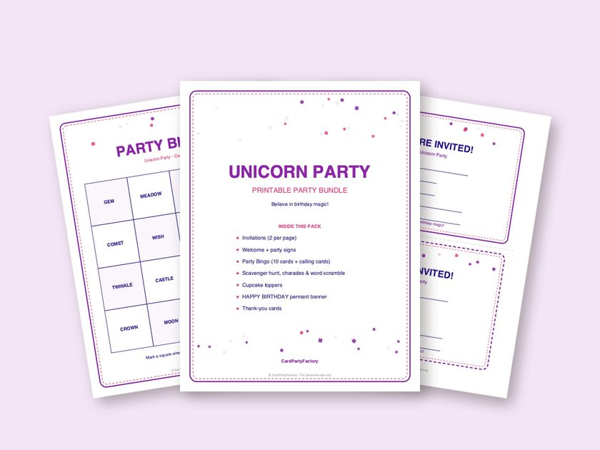 Unicorn Party printable kit preview