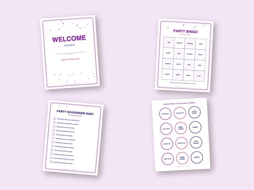 Four sample pages from the Unicorn Party kit